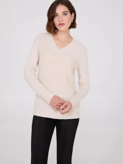 Ribbed V-Neck Sweater With Side Slits
