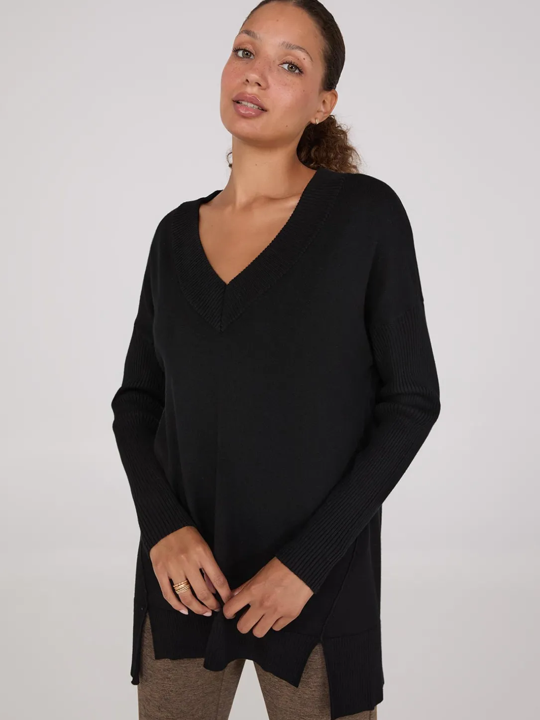 Ribbed V-Neck Tunic Top