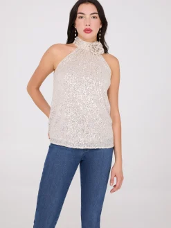 Rosette Halter Mock Neck Sequin Top