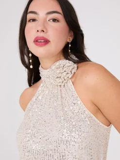 Rosette Halter Mock Neck Sequin Top