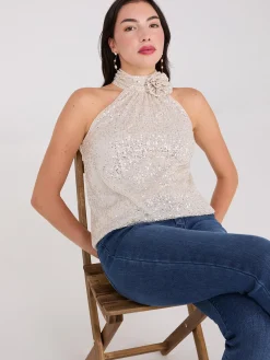 Rosette Halter Mock Neck Sequin Top