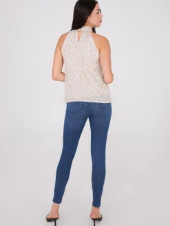 Rosette Halter Mock Neck Sequin Top