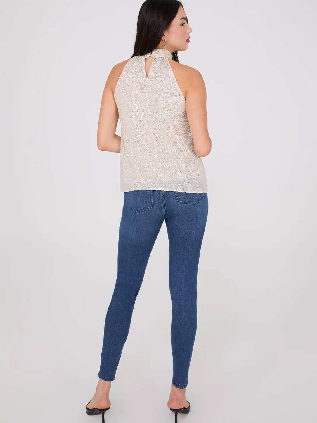 Rosette Halter Mock Neck Sequin Top
