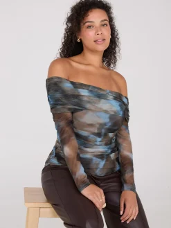 Ruched Off-The-Shoulder Printed Mesh Top