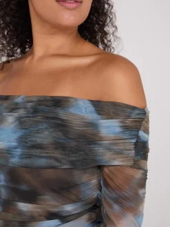 Ruched Off-The-Shoulder Printed Mesh Top