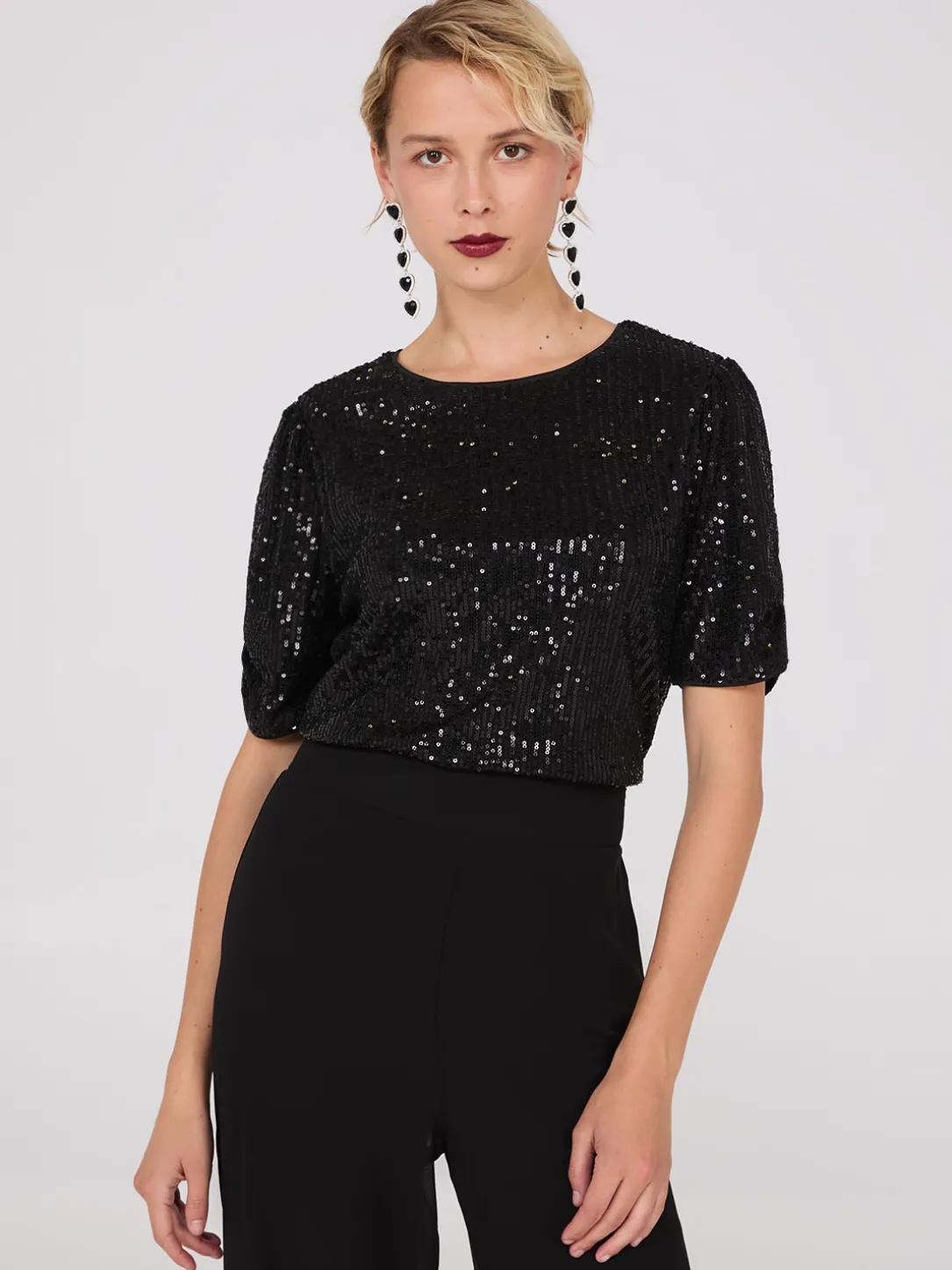 Ruched Short Sleeve Sequin Top