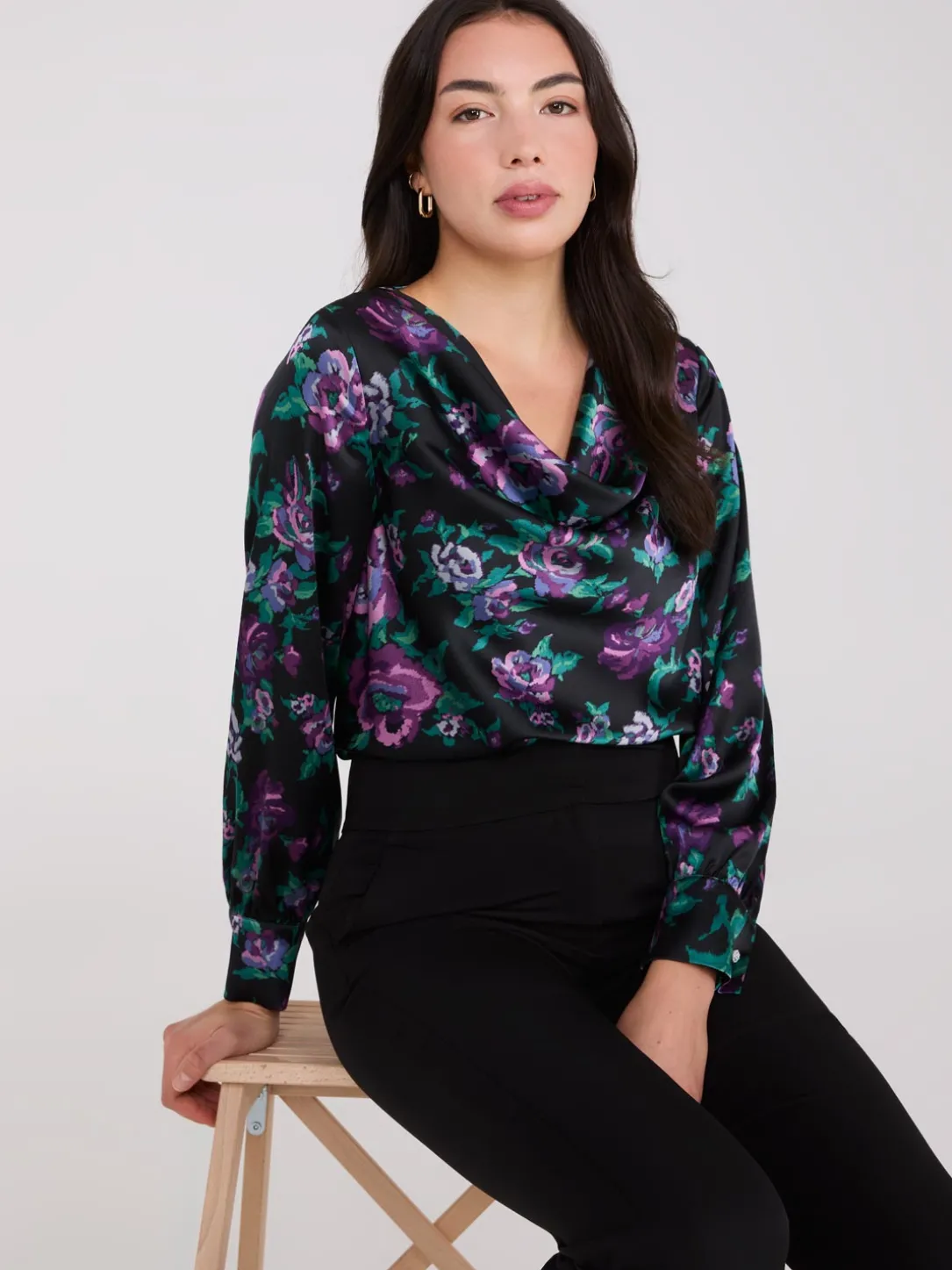 Satin Floral Print Cowl Neck Blouse
