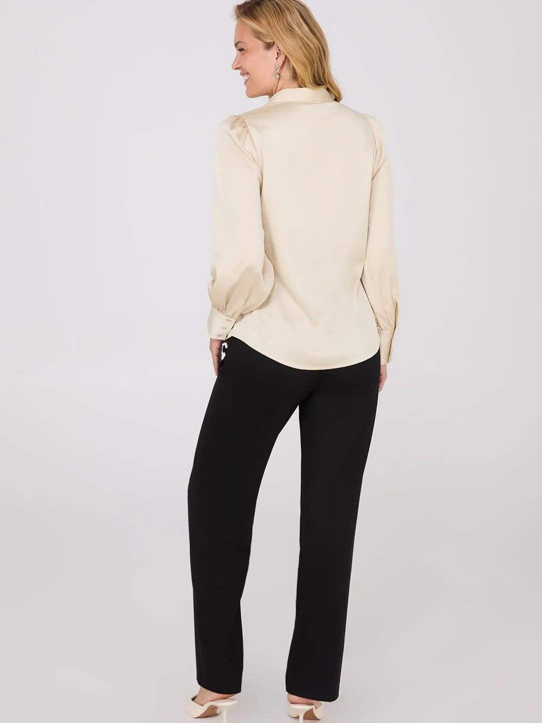 Satin Volume Sleeve Button-Front Blouse