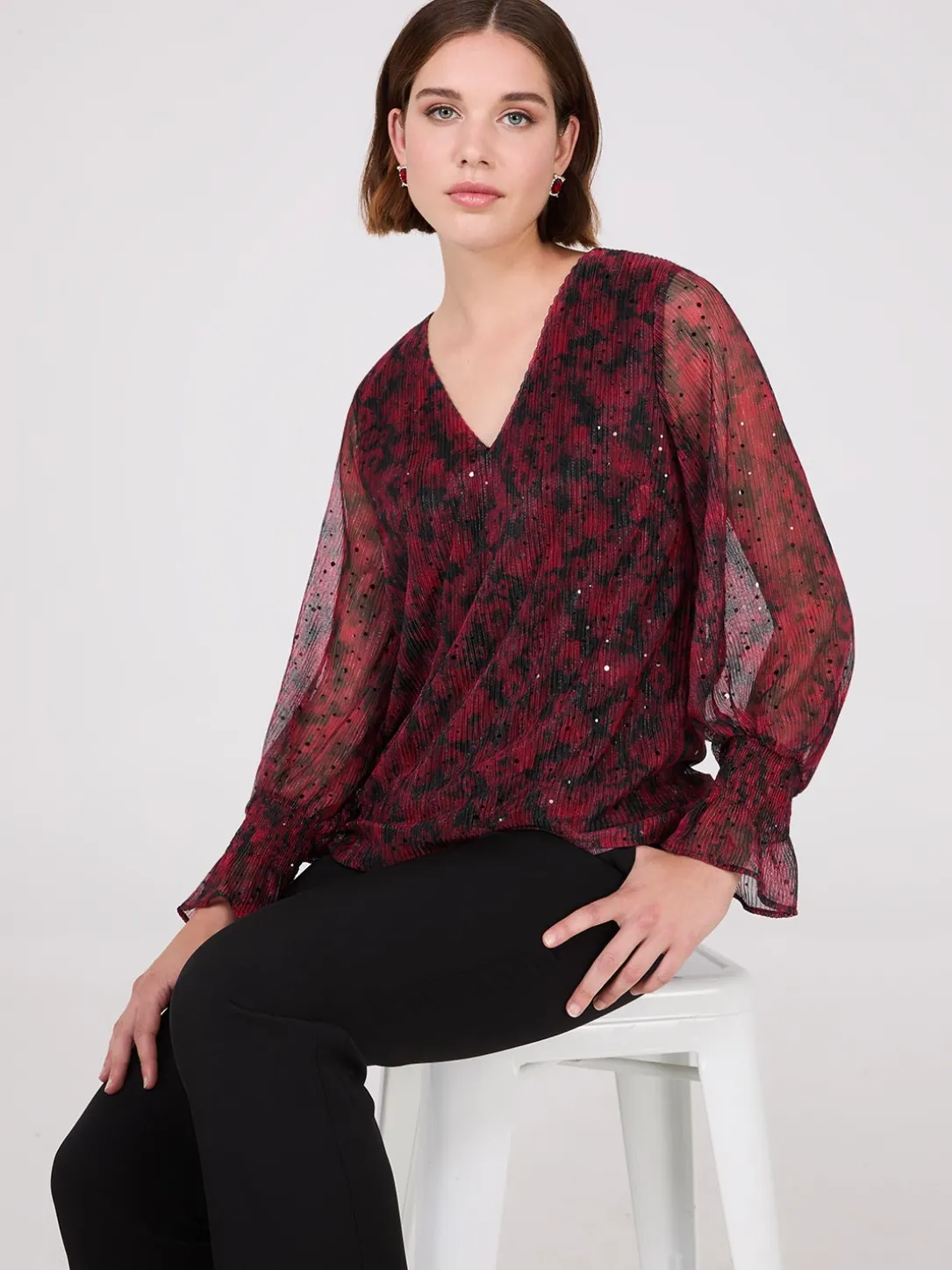 Sequin Floral Print Mesh Top