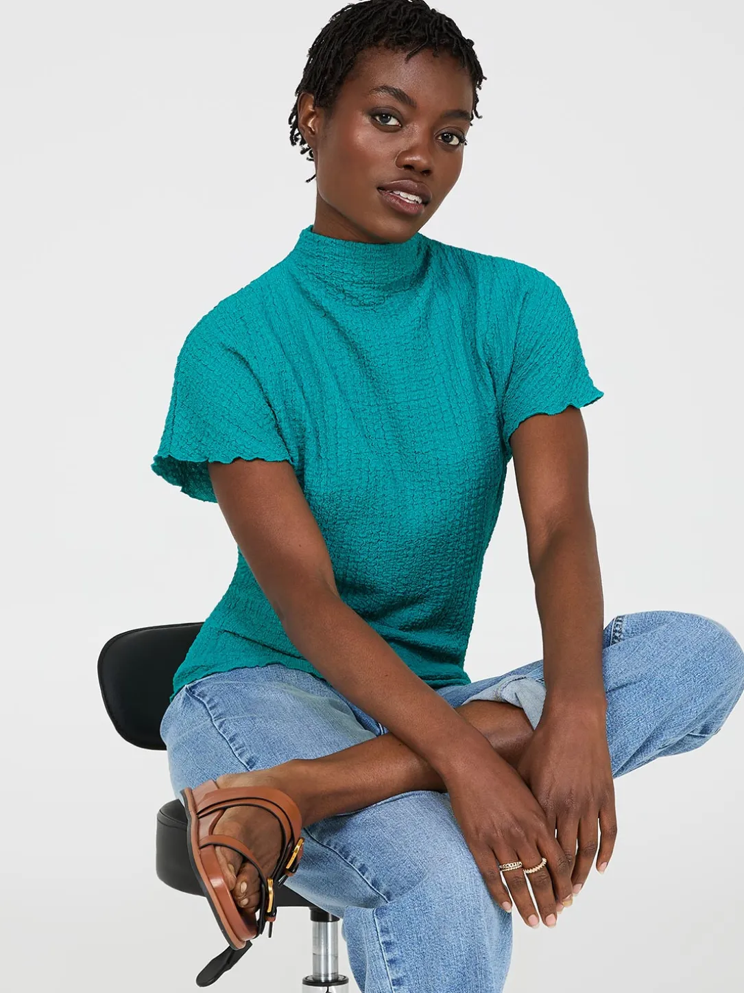Short Dolman Sleeve Textured Mock Neck Top