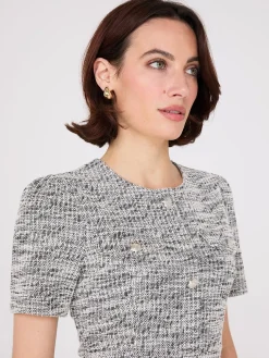 Short Sleeve Button-Front Boucle Sheath Dress