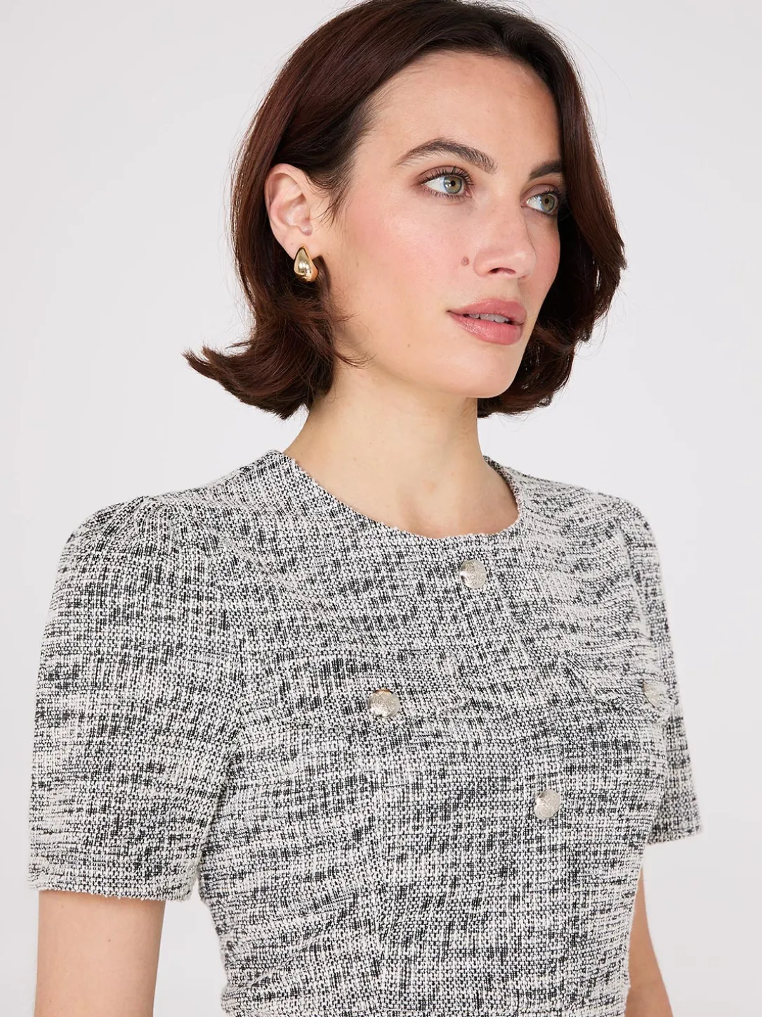 Short Sleeve Button-Front Boucle Sheath Dress