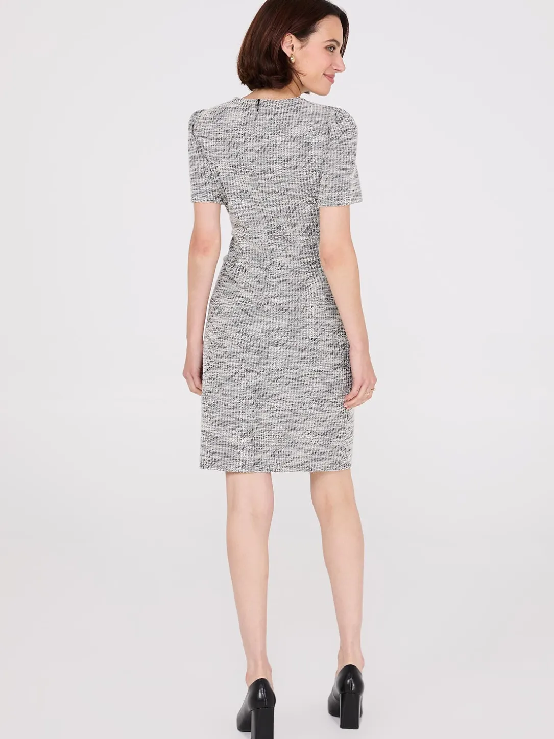 Short Sleeve Button-Front Boucle Sheath Dress