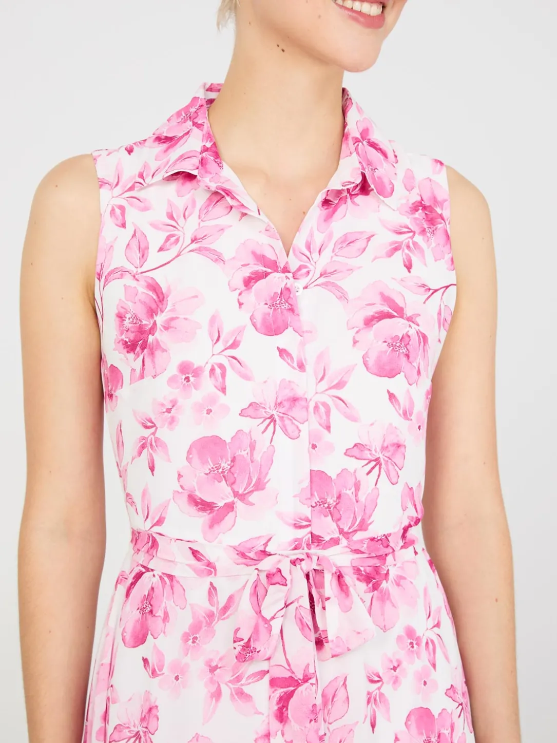 Sleeveless Chiffon Printed Button-Front Midi Dress