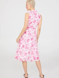 Sleeveless Chiffon Printed Button-Front Midi Dress