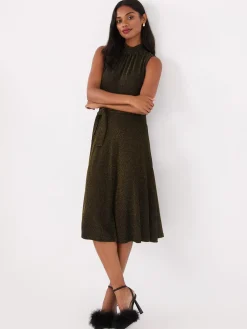 Sleeveless Glitter Mock Neck Midi Dress