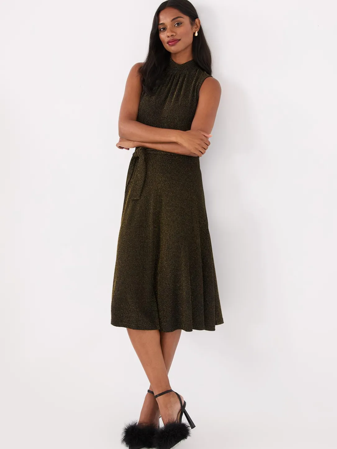 Sleeveless Glitter Mock Neck Midi Dress