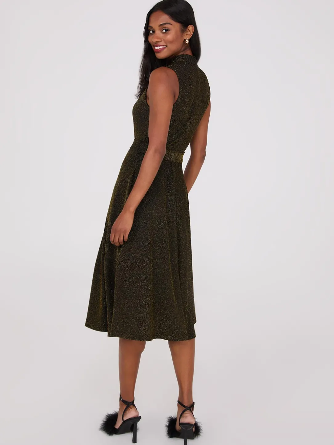 Sleeveless Glitter Mock Neck Midi Dress