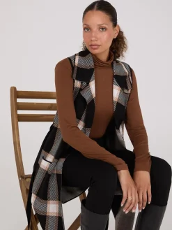 Sleeveless Open-Front Plaid Duster