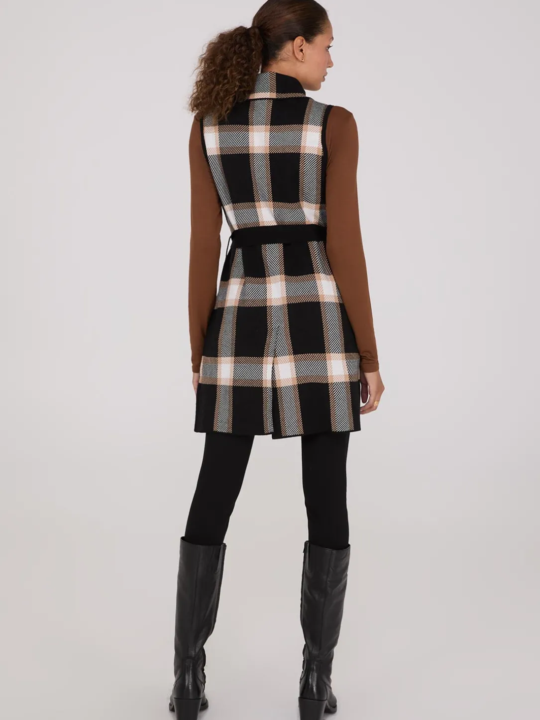 Sleeveless Open-Front Plaid Duster