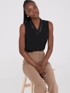 Sleeveless Pleated Faux Leather V-Neck Top