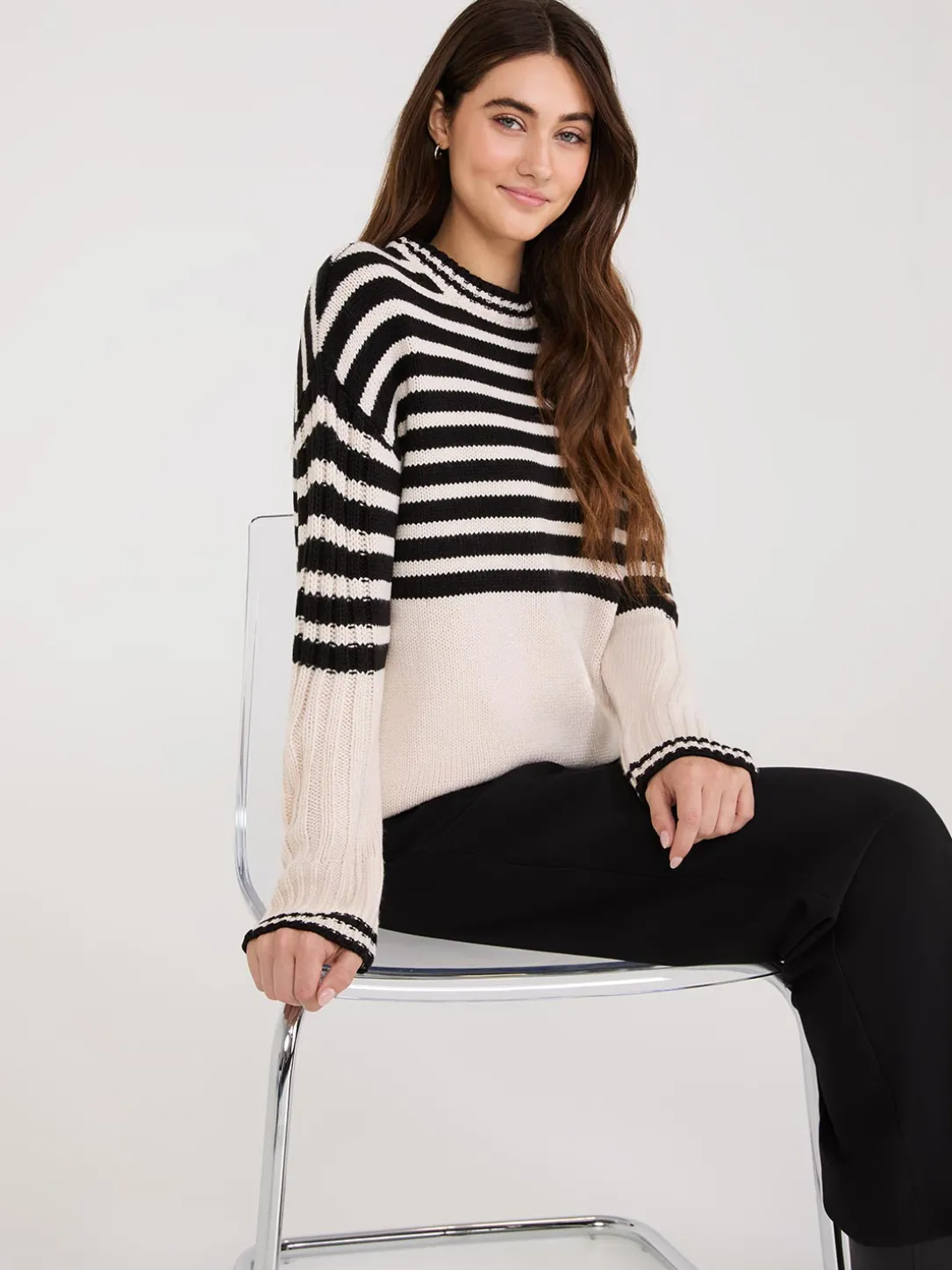 Striped Crew Neck High-Low Sweater