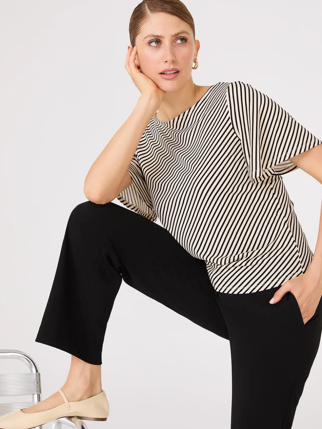 Striped Flutter Sleeve Boat Neck Top