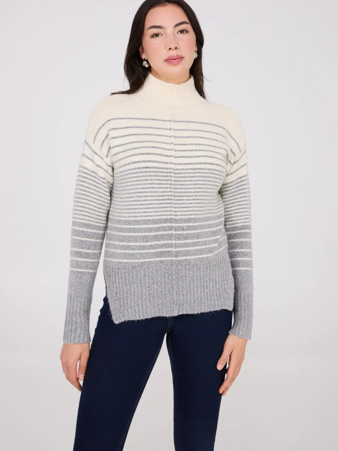 Striped Mock Neck High-Low Sweater