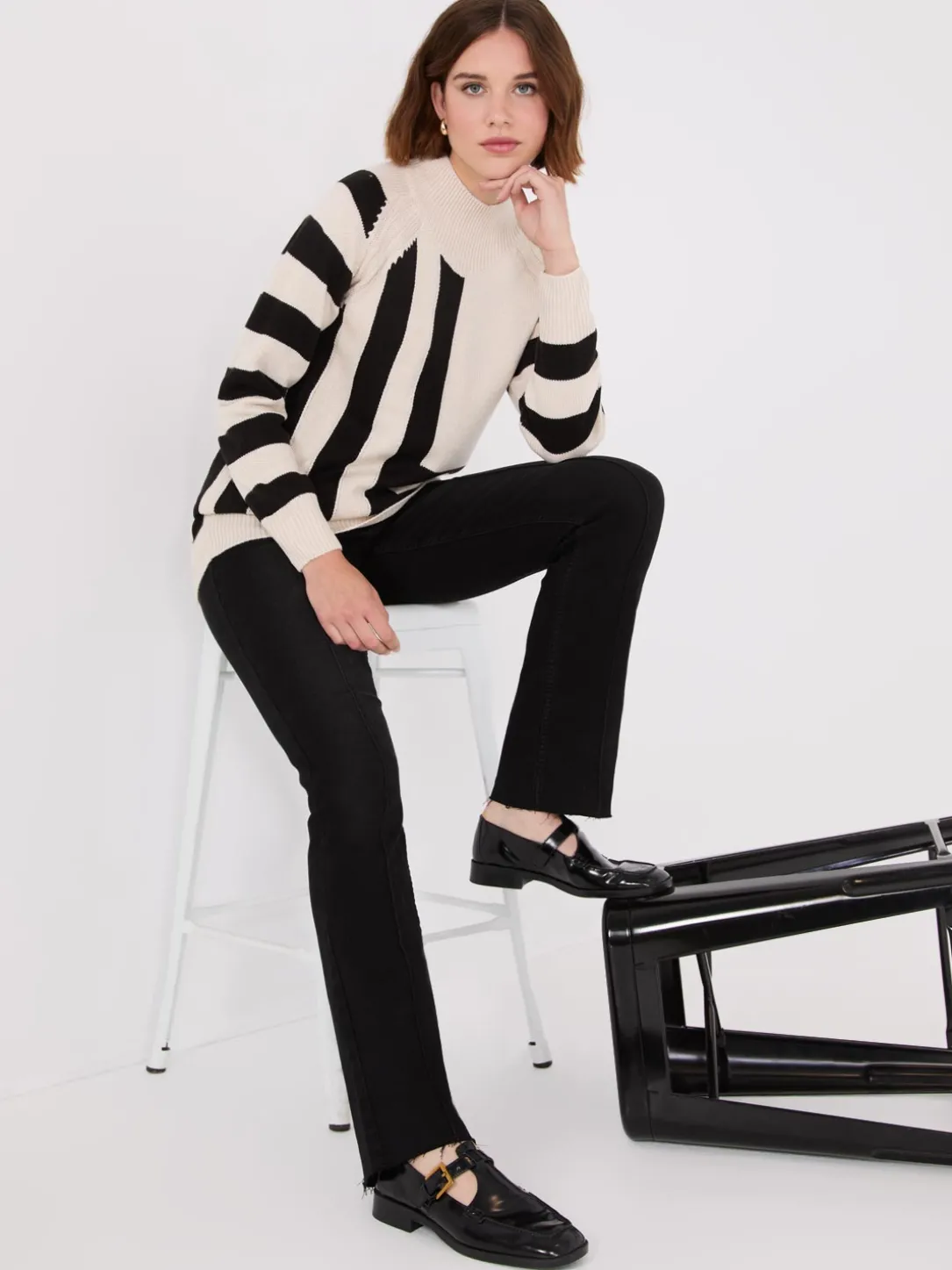 Striped Mock Neck Raglan Sleeve Sweater