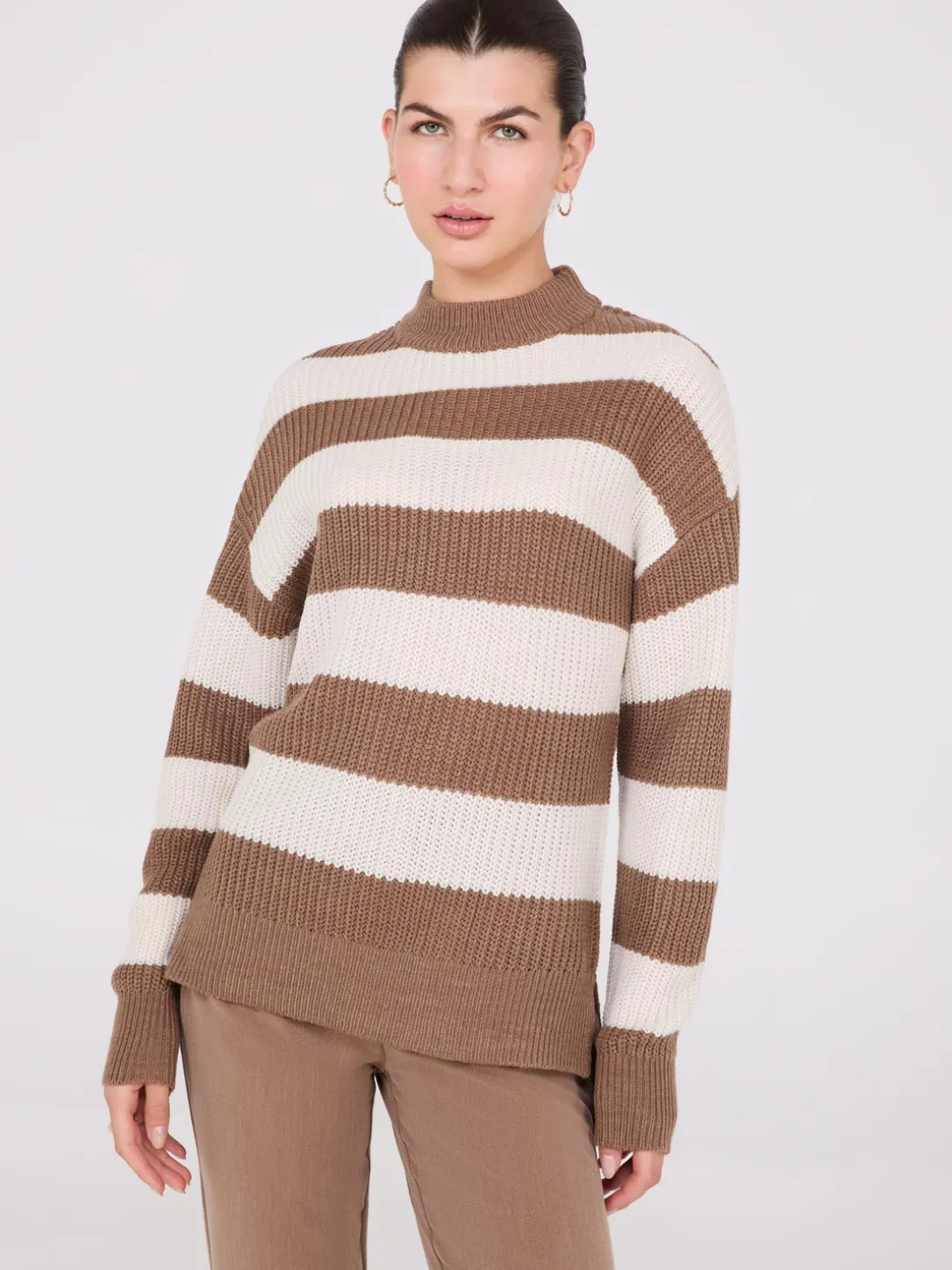 Striped Mock Neck Sweater With Side Slits