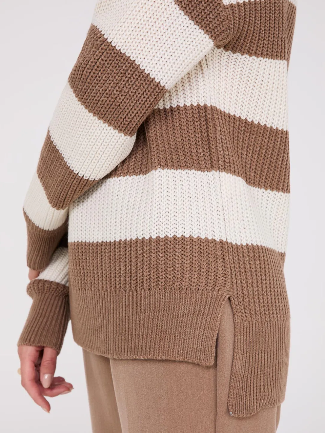 Striped Mock Neck Sweater With Side Slits