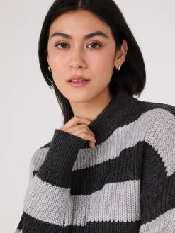Striped Mock Neck Sweater With Side Slits