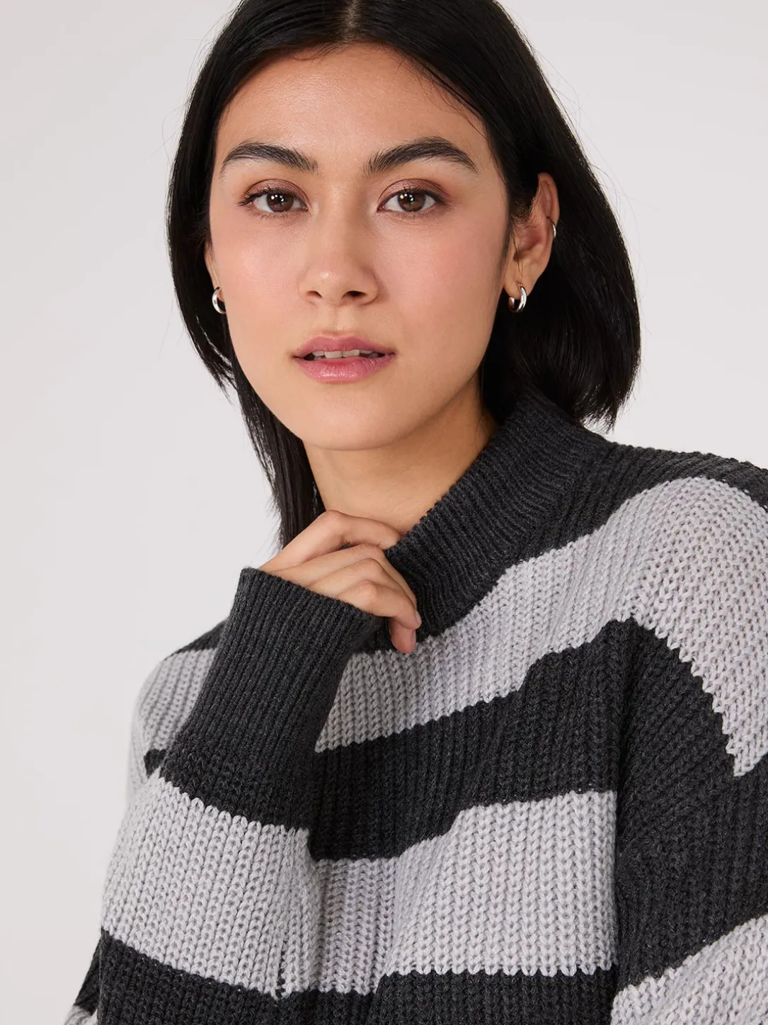 Striped Mock Neck Sweater With Side Slits