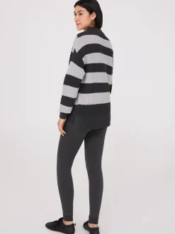 Striped Mock Neck Sweater With Side Slits