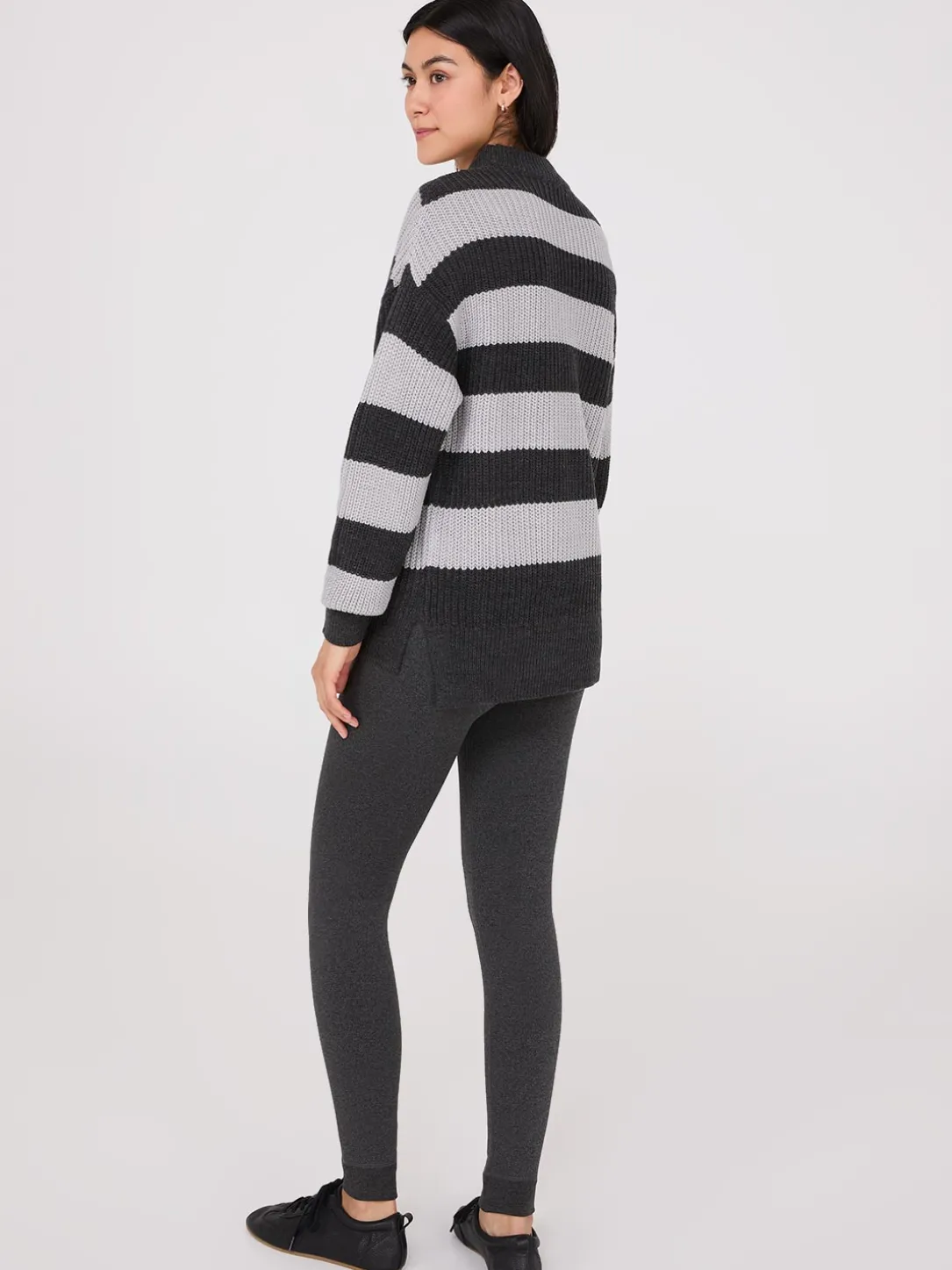 Striped Mock Neck Sweater With Side Slits
