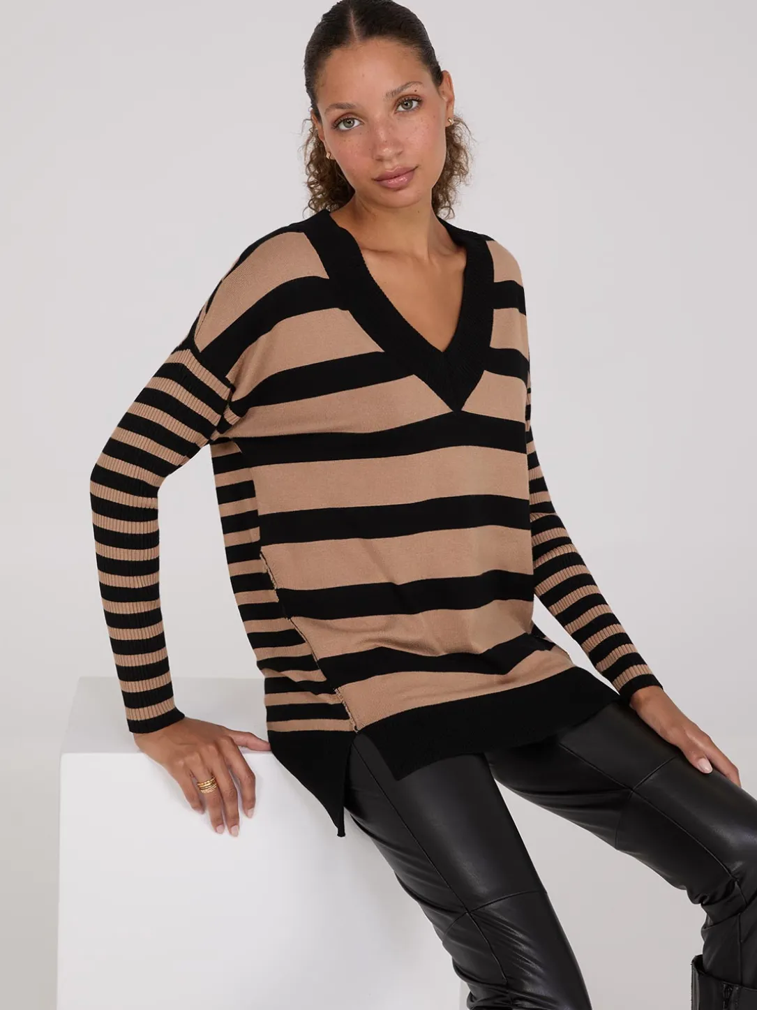 Striped Ribbed V-Neck Tunic Top