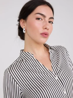 Striped Satin Notch Collar Blouse