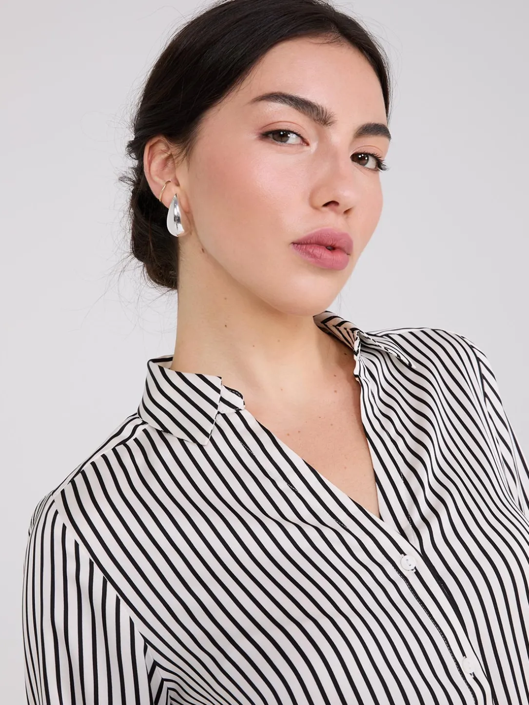 Striped Satin Notch Collar Blouse
