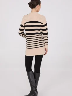 Striped Tunic Sweater With Button Details