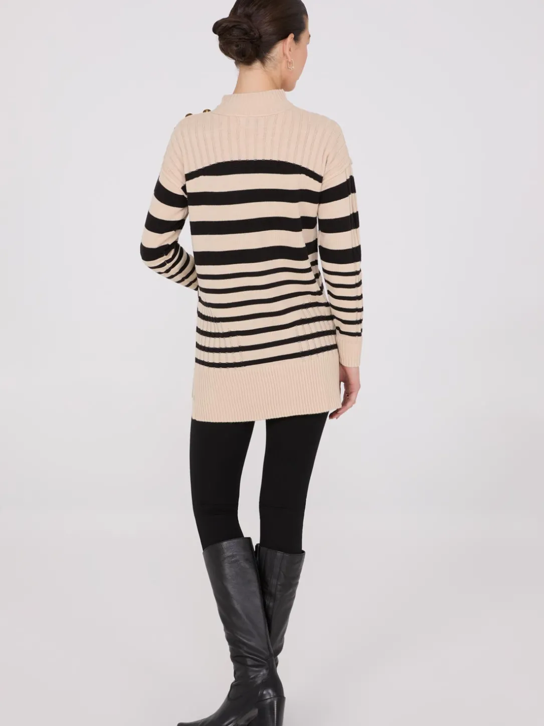 Striped Tunic Sweater With Button Details