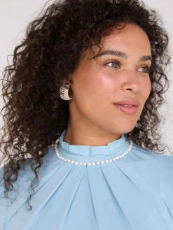 Textured Mock Neck Top With Pearl Details