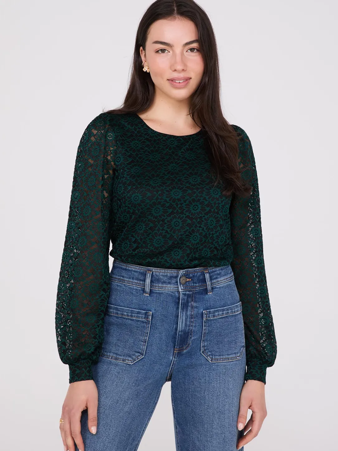 2-Tone Lace Balloon Sleeve Top