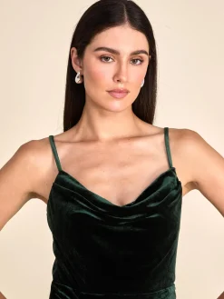 Velvet Cowl Neck Gown With Wrap Skirt