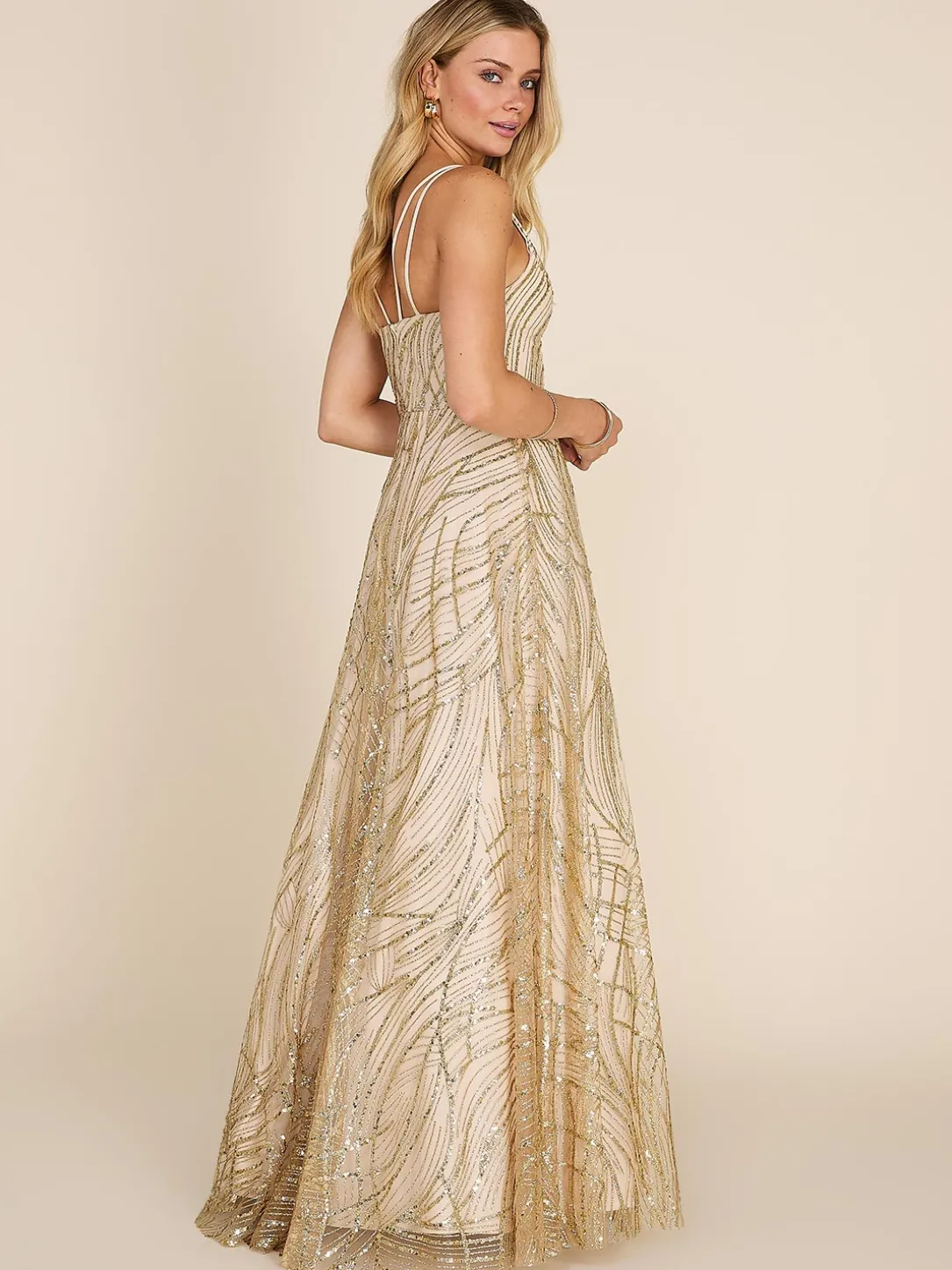 V-Neck Allover Sparkle On Mesh Ball Gown