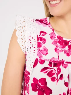 Watercolour Floral Print Top With Eyelet Ruffle Sleeves