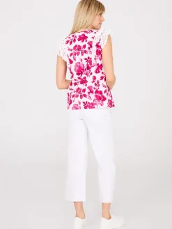 Watercolour Floral Print Top With Eyelet Ruffle Sleeves