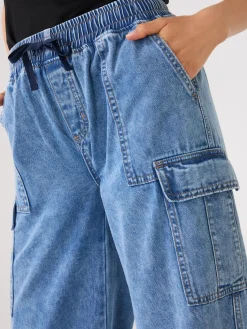 Wide-Leg Denim Cargo Pants