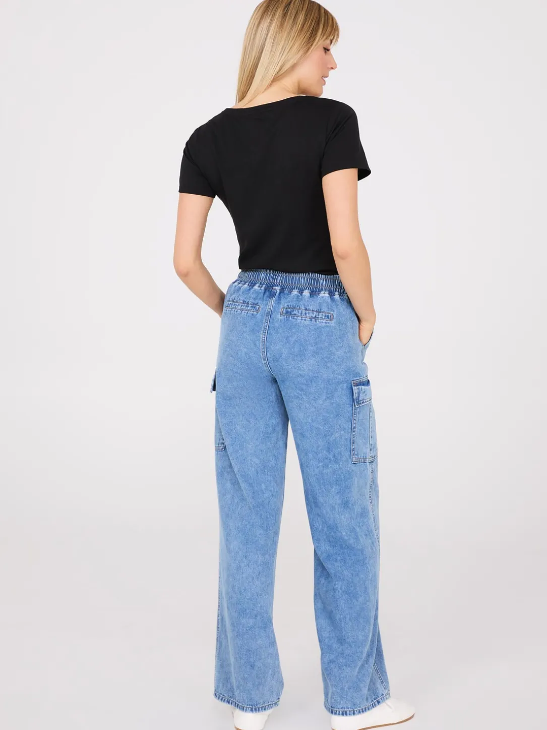 Wide-Leg Denim Cargo Pants