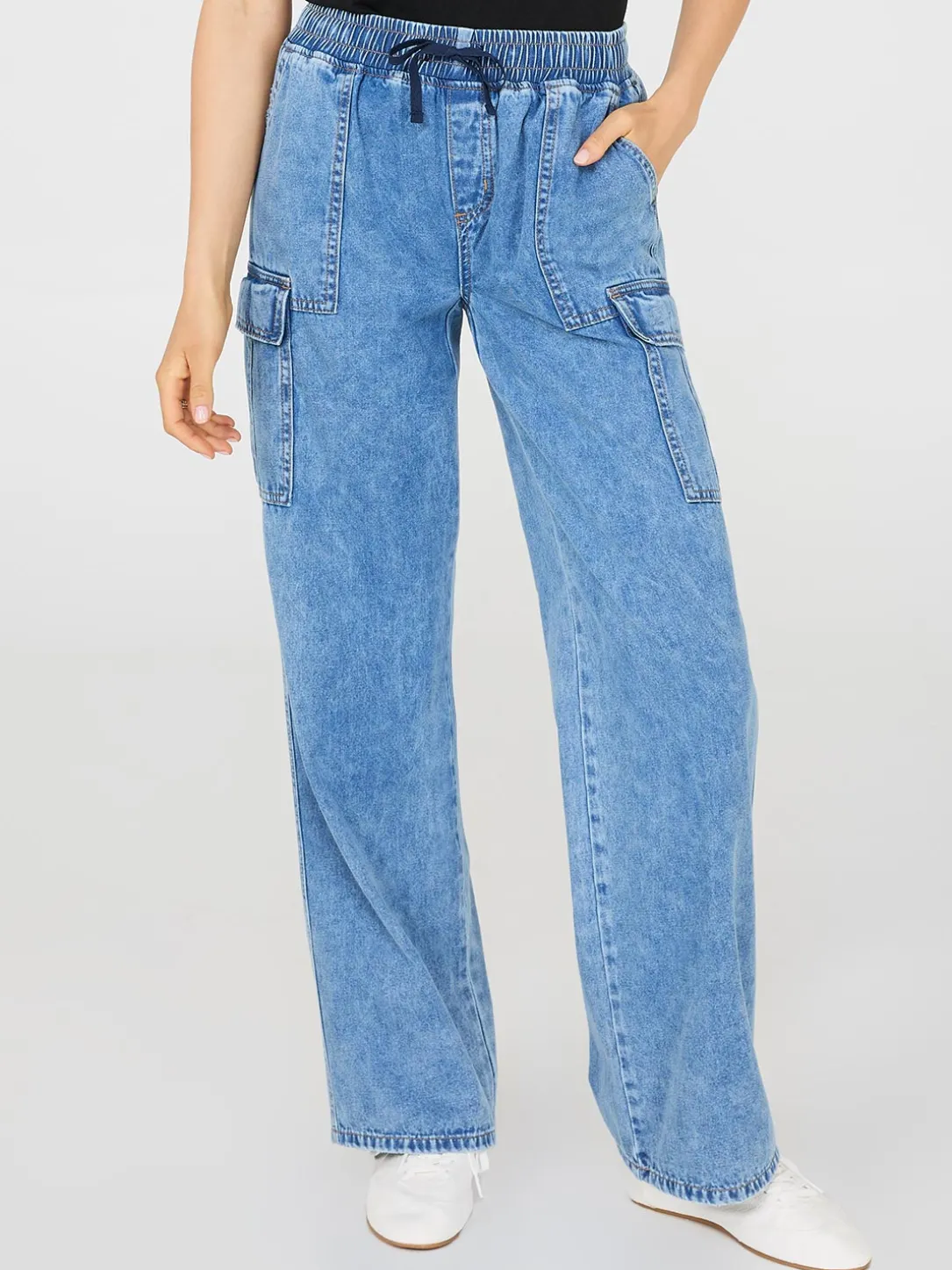 Wide-Leg Denim Cargo Pants